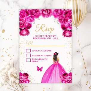 Heet Roze en Gouden Bruine Haren Prinses RSVP Kaartje