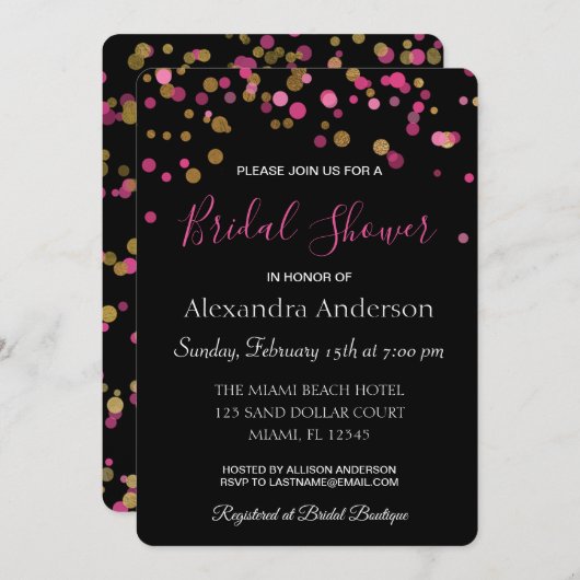 Heet Roze en Gouden Confetti Bruidsfeest Kaart (Voorkant / Achterkant)