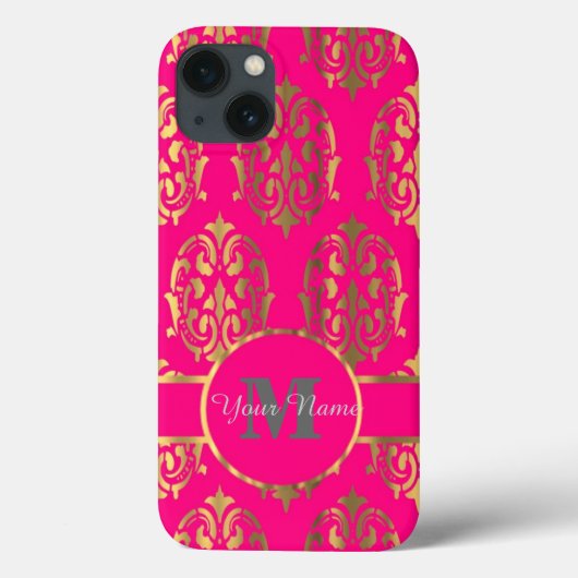 Heet roze en gouden damast monogram Case-Mate iPhone case (Achterkant)