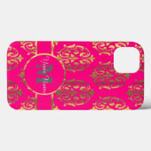 Heet roze en gouden damast monogram Case-Mate iPhone case (Achterkant (horizontaal))