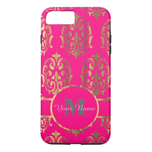 Heet roze en gouden damast monogram Case-Mate iPhone case (Achterkant)