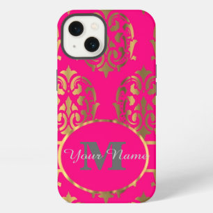 Heet roze en gouden damast monogram iPhone 13 hoesje