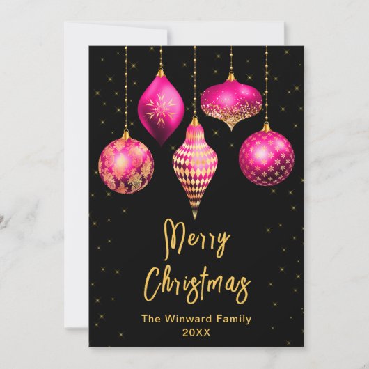 Heet Roze en Gouden Ornamenten Vrolijk kerstfeest Feestdagenkaart (Voorkant)