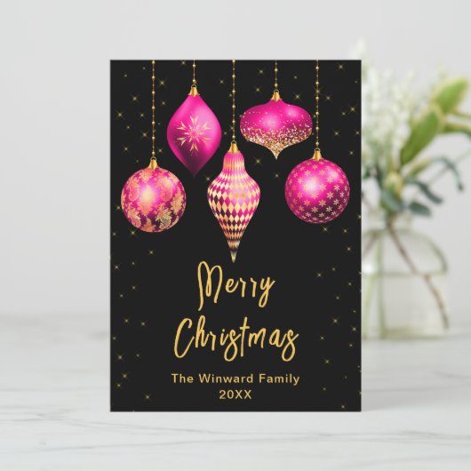 Heet Roze en Gouden Ornamenten Vrolijk kerstfeest Feestdagenkaart (Staand voorkant)