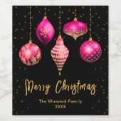 Heet Roze en Gouden Ornamenten Vrolijk kerstfeest Wijn Etiket (Enkel label)