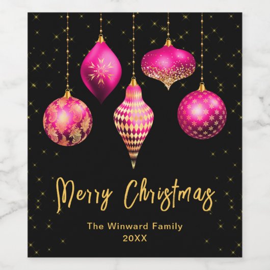 Heet Roze en Gouden Ornamenten Vrolijk kerstfeest Wijn Etiket (Enkel label)