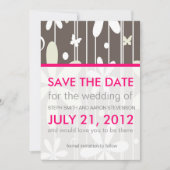 Heet Roze en Grijs Retro Floral Save The Date (Voorkant)