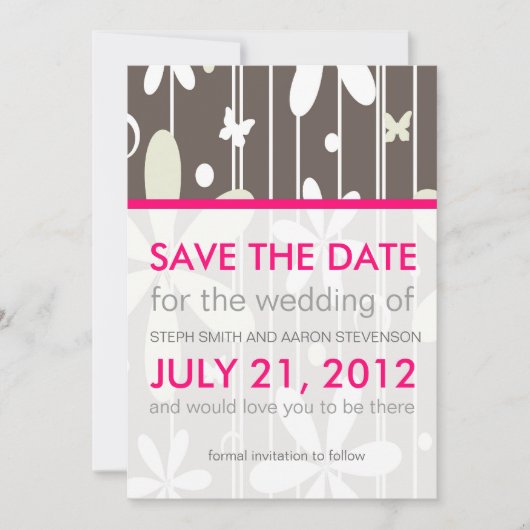 Heet Roze en Grijs Retro Floral Save The Date (Voorkant)