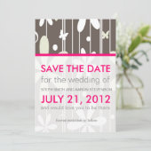 Heet Roze en Grijs Retro Floral Save The Date (Staand voorkant)