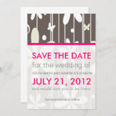 Heet Roze en Grijs Retro Floral Save The Date (Voorkant / Achterkant)