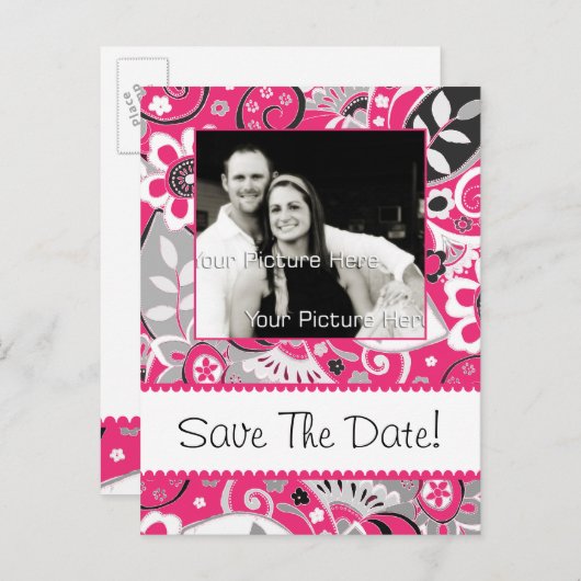 Heet Roze en Grijze Herfst Floral sparen de Datum Aankondigingskaart (Voorkant / Achterkant)