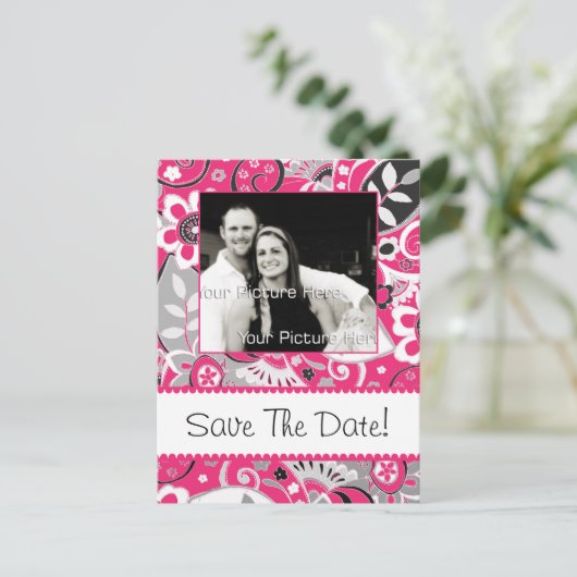 Heet Roze en Grijze Herfst Floral sparen de Datum Aankondigingskaart (Staand voorkant)