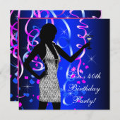 Heet roze en koninklijk blauwe verjaardagsfeestje kaart (Voorkant / Achterkant)