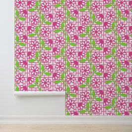 Heet roze en limoen bloemen op bamboe latwerk behang