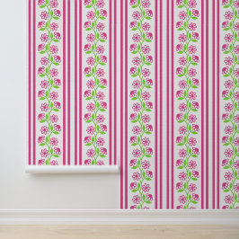 Heet roze en limoen bloemrijke kolomstreep behang