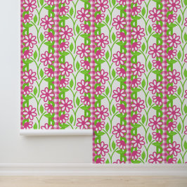 Heet roze en limoengroene maximalistische bloemens behang