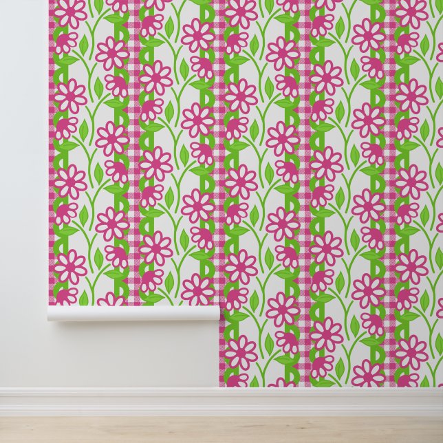 Heet roze en limoengroene maximalistische bloemens behang (Applicatie)