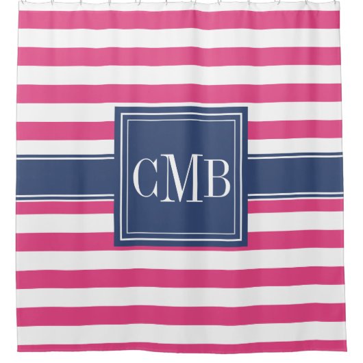 Heet roze en marine gestreepte nautische monogram douchegordijn (Voorkant)