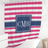 Heet roze en marine gestreepte nautische monogram douchegordijn