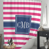 Heet roze en marine strepen Nautilus Monogram Douchegordijn