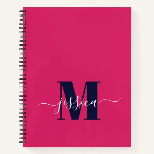 Heet Roze en Navy Gepersonaliseerd Monogram Notiti Notitieboek (Voorkant)