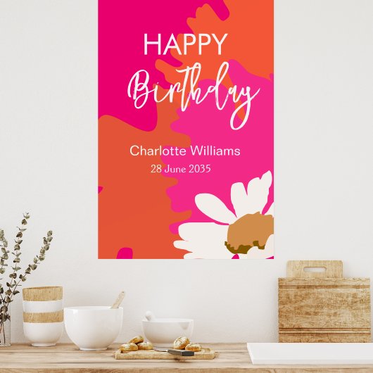 Heet Roze en Oranje Bloemen Happy Birthday Party Poster (Keuken)