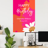 Heet Roze en Oranje Bloemen Happy Birthday Party Poster (Thuiskantoor)