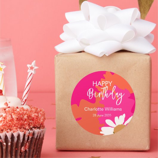 Heet Roze en Oranje Bloemen Happy Birthday Party Ronde Sticker (Feest)