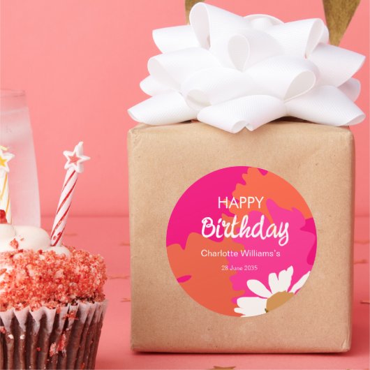 Heet Roze en Oranje Bloemen Happy Birthday Party Ronde Sticker (Feest)