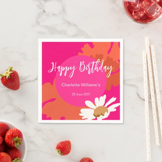 Heet Roze en Oranje Bloemen Happy Birthday Party Servet (Insitu)