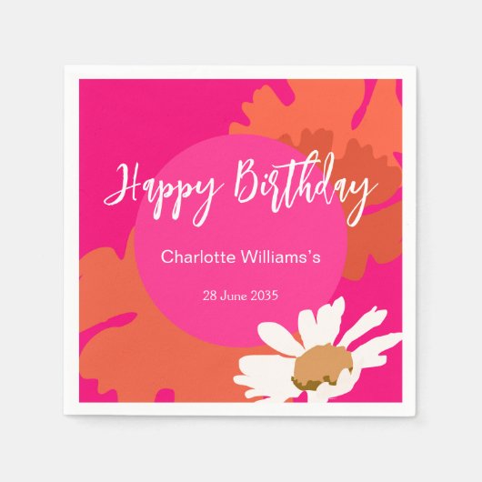 Heet Roze en Oranje Bloemen Happy Birthday Party Servet (Voorkant)