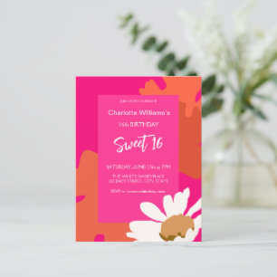 Heet roze en oranje bloemige zestiende verjaardags briefkaart