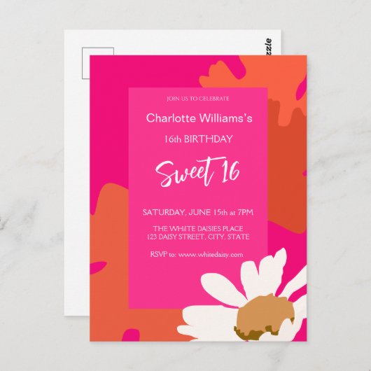 Heet Roze en Sinaasappel Bloemen Zestien Verjaarda Briefkaart