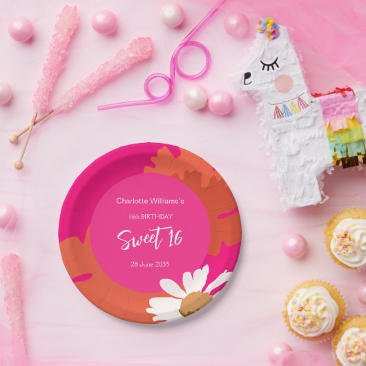 Heet Roze en Sinaasappel Bloemen Zestien Verjaarda Papieren Bordje (Feest)