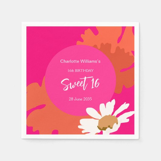 Heet Roze en Sinaasappel Bloemen Zestien Verjaarda Servet (Voorkant)