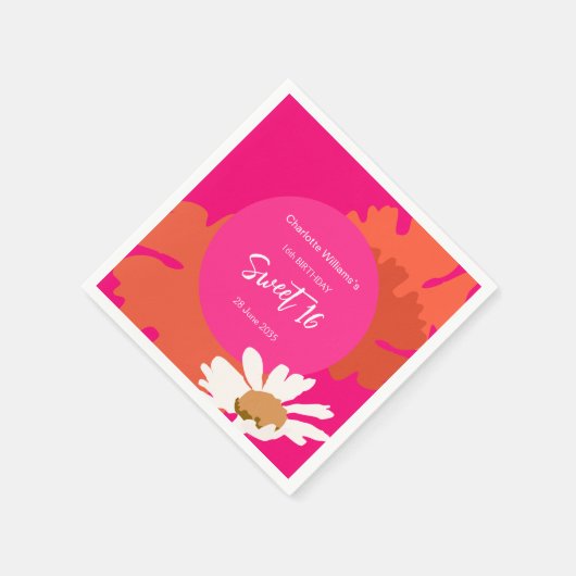 Heet Roze en Sinaasappel Bloemen Zestien Verjaarda Servet (Hoek)