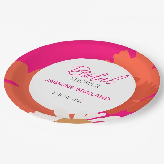 Heet Roze en Sinaasappel Daisy Abstract Floral Bri Papieren Bordje (Gekanteld)