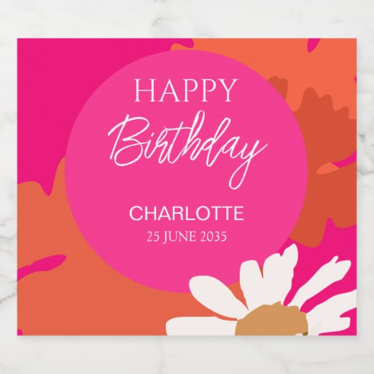 Heet Roze en Sinaasappel Daisy Floral Verjaardagsf Likeurfles Etiket (Enkel label)