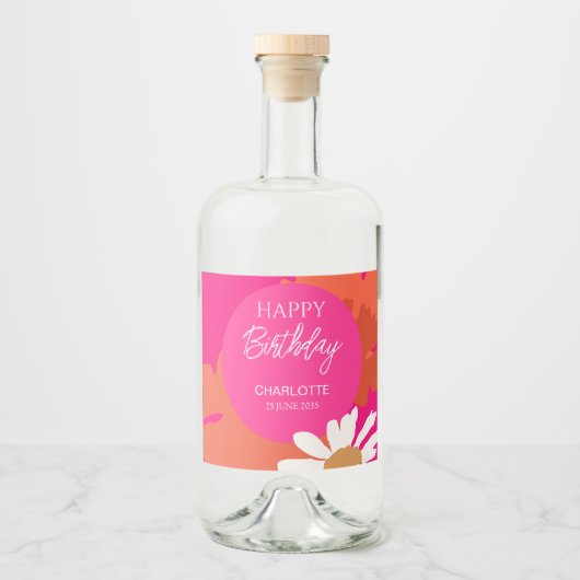 Heet Roze en Sinaasappel Daisy Floral Verjaardagsf Likeurfles Etiket (Voorkant)