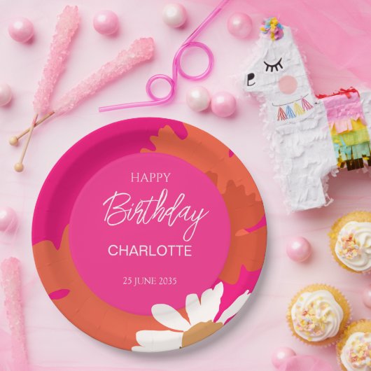 Heet Roze en Sinaasappel Daisy Floral Verjaardagsf Papieren Bordje (Feest)