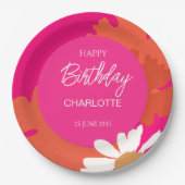 Heet Roze en Sinaasappel Daisy Floral Verjaardagsf Papieren Bordje (Voorkant)