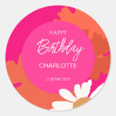 Heet Roze en Sinaasappel Daisy Floral Verjaardagsf Ronde Sticker (Voorkant)