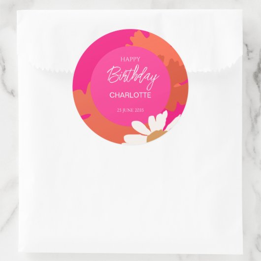 Heet Roze en Sinaasappel Daisy Floral Verjaardagsf Ronde Sticker (Tas)