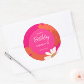 Heet Roze en Sinaasappel Daisy Floral Verjaardagsf Ronde Sticker (Envelop)