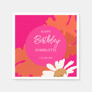 Heet Roze en Sinaasappel Daisy Floral Verjaardagsf Servet