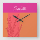 Heet roze en Sinaasappel groen bladeren gepersonal Vierkante Klok (Voorkant)