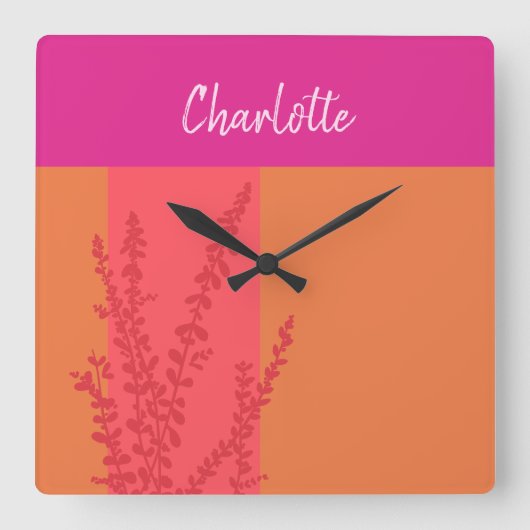 Heet roze en Sinaasappel groen bladeren gepersonal Vierkante Klok (Voorkant)