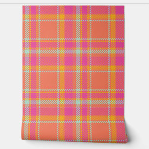 Heet Roze en Sinaasappel Plaid Behang
