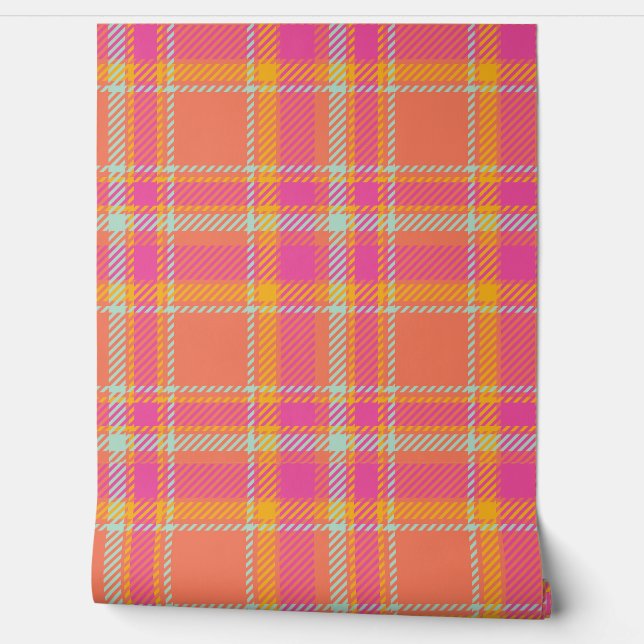 Heet Roze en Sinaasappel Plaid Behang (Afrollen)