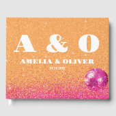 Heet roze en Sinaasappel Retro Disco Balls Bruilof Gastenboek (Voorkant)